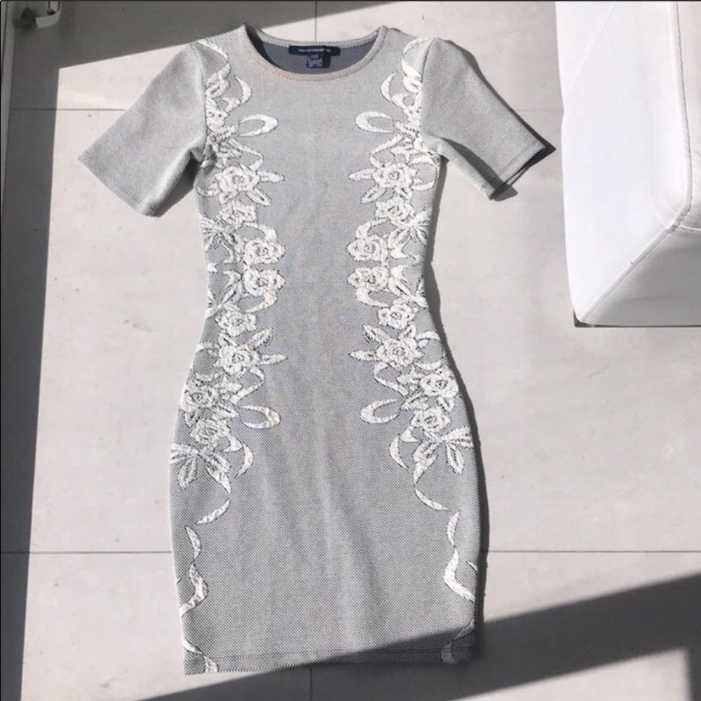 French Connection Gray Knit Dress with Cream Floral Appliqué